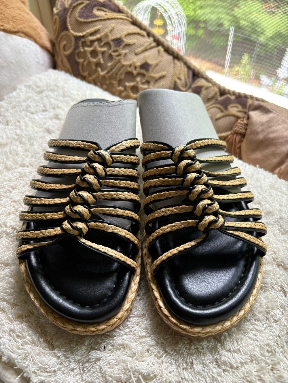 Nine West Black and Gold Braided Slide Sandals